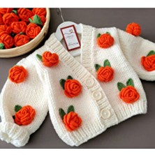 Gül Detaylı El Örgüsü Çocuk Hırka Uzun Kol Örme Kumaş Çiçek Desenli Turuncu Renk