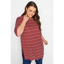 Büyük Beden Bisiklet Yaka Yarım Kollu Yırtmaç Detaylı Çizgili T-Shirt 302948