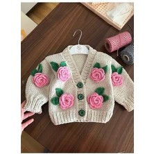 Gül Detaylı El Örgüsü Çocuk Hırka, Çiçek Detaylı Bebek Hırka