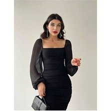 Drafe Sandy Kare Yaka Siyah Elbise, Kolu Şifon