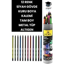 Adel Türk Malı 12 Renk Kuru Boya Kalemi Metal Tüp Altıgen Siyah Gövde Çok Renkli Kalemler