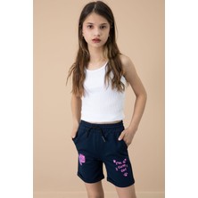 Lacivert Patili Cute Baskılı Kız Çocuk Beli Lastikli Şort 20732
