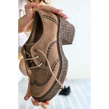 Limoya Kadın Vizon Süet Lazer Kesim Detaylı Günlük Ayakkabı Kalın Tabanlı Bağcıklı