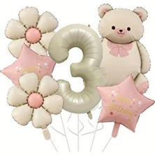 Retro Krem Renk Ayı Papatya Folyo Yaş Balon Set