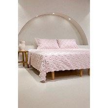 Ponpon Çift Kişilik Püsküllü Yatak Örtüsü Pudra 250X260 2 Yastık