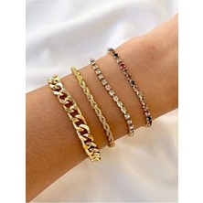 Kadın Gold Renk 4 Lü Zincir-Taşlı Kombin Bileklik