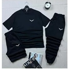 Saat Tekstil Siyah Unisex Yazlık Eşofman Kombini Pamuklu Uzun Kol Oversize Tüm Sezonlar İçin