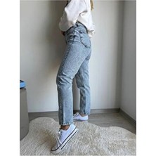Belirtilmemiş Sezon Mavi Mom Jeans Yüksek Bel Kadın Kot Pantolon Pamuk - Elastan Esnek Yapı ile Günlük Kullanım