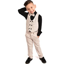Erkek Çocuk Smokin Siyah Gömlekli Takım Elbise Yelekli Papyonlu