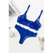 La Linaa Anna Saks Mavi Dantel Kapsız Sütyen ve Külot Takım 2 Parça Düz Desen ile Şık Tasarım