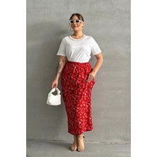 Stil Diva Büyük Beden Uzun Çiçek Desenli Dokuma Etek Kırmızı Beli Lastikli 100 cm