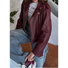 Yeni Sezon Oversize Kadın Bordo Biker Deri Ceket