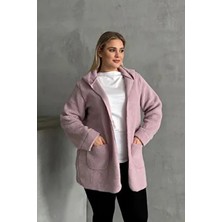 Stil Diva 97-14 Kadın Büyük Beden Kapüşonlu Uzun Kollu Peluş Ceket Yumuşak Dokulu Cepli