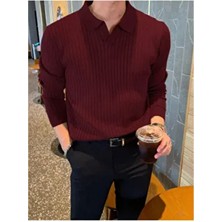 Tarz Cool Bordo Erkek Polo Yaka Fitilli Triko Kazak Slim Fit Casual Stil ile Şık Görünüm Sunar