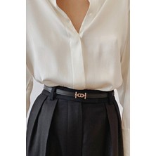 H&E Luxury Design Kadın Gold Tokalı İnce Kemeri Suni Deri ile Günlük ve Özel Kullanım İçin Şık