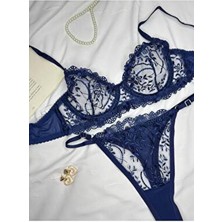 Lacivert Çiçekli Balenli Kapsız Brode Bralet Sütyen Takımı