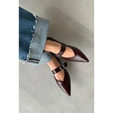 Straswans Bruno Kadın Bordo Kemer Detaylı Kırışık Deri Babet Düz Taban Günlük Kullanım İçin