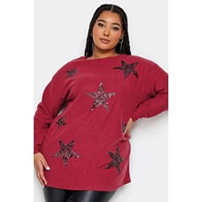 Stil Diva Kadın Büyük Beden Uzun Kollu Yıldız Baskılı Bisiklet Yaka Yumuşak Dokulu Kazak