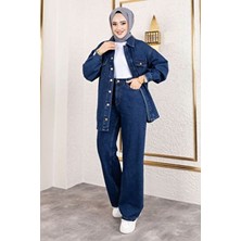 Tesettür Dünyası Koyu Mavi More Denim Takım Kadın Düğmeli Yaka Regular Fit Tasarım