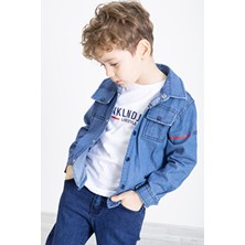 Mavi Bisiklet Yaka Tişörtlü Sırtı Baskılı Erkek Çocuk Jean Gömlek 20094