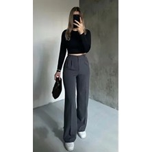 Asfa Moda Kadın Antrasit Palazzo Pantolon Yüksek Bel Geniş Paça Düz Desenli Orta Kalınlıkta Kumaş