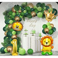 Orman Kralı Aslan Figürlü Temalı Yeşil Balon Seti  Yaş Rakamlı Doğum Günü Süsü