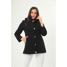 Mezure Kapüşonlu Cepli Kaşe Kaban Kadın Büyük Beden Uzun Kol Siyah Düz Kumaşlı