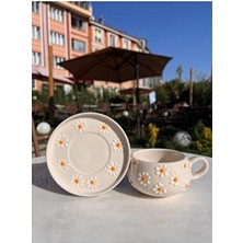 Evla Shop Papatya Desenli Seramik Tabaklı Fincan 2 Parça Şık Sunum İçin Özel Tasarım