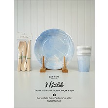 Partince 8 Kişilik Mavi Tabak Bardak Çatal Kaşık Seti Kullan At Karton 23 cm Renkli Tasarım