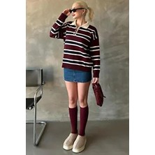 Bordo Çizgili Düğmeli Polo Yaka Kadın Triko Kazak MG2280