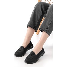 Taha Türk Kadın Siyah Bağcık Detaylı Spor Yürüyüş Ayakkabısı Tekstil Tabanlı Günlük Babet