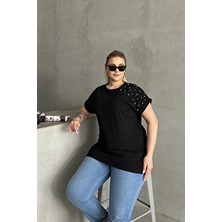 Büyük Beden Kısa Kollu Bisiklet Yaka Yanları Yırtmaçlı Boncuklu Basic T-Shirt Rft-03