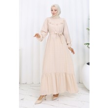 Fırfırlı Kuşaklı Elbise 2159-01 Bej