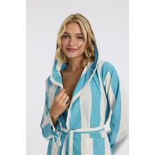 Mulberry Peştemal Bornoz Kadınlar İçin Mavi Pamuklu Cepli Çizgili Tasarım