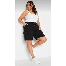 K&S Siyah Kargo Cep Şort Kadın Regular Fit Düz Desenli Pamuk Polyester Materyal