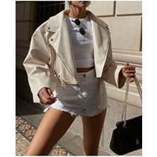 Yeni Sezon Oversize Kadın Beyaz Biker Deri Ceket