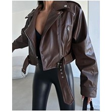 Yeni Sezon Oversize Kadın Acı Kahve Biker Deri Ceket