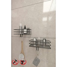 Güçlü Yapışkanlı Metal Kancalı Siyah Banyo Rafı 2 Adet