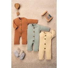 Organik Tahta Düğmeli Raporlu Uzun Kollu 3'lü Tulum Set Bebek Tulumu