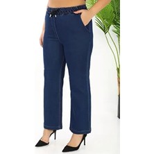 Gül Moda Beli Lastikli Bol Paça Kot Pantolon Kadın Yüksek Bel Likralı Pamuklu Lacivert G115-1 Günlük Stil