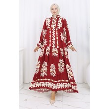 Viskon Kumaş Yarım Düğmeli Elbise 2156-04 Bordo