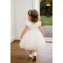 Minimony Ekru Gofre Tül Etekli Kız Bebek Abiye Elbise Saç Bandı Seti Parti İçin Fırfırlı