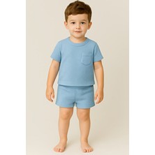 Waffle Görselli Cep Detaylı Pamuklu Yazlık Bebek Çocuk Şort Takım-Açık Mavi