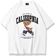 Trendiz California Bear Tshirt Beyaz Oversize Kesim Pamuklu Kısa Kol Günlük Stil
