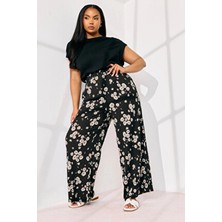 Büyük Beden Stil Diva Kadın Pantolon 310139 Papatya Desenli Beli Lastikli Viskon Kumaş
