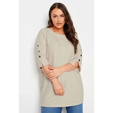 Stil Diva Büyük Beden Yarım Kollu Kadın Kazak Bisiklet Yaka Düğme Detaylı Bej Renk