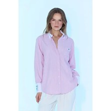Sagaza SS6025 Selıta Oversıze Gömlek Pembe Çizgili Dokuma Kumaşla Günlük Kullanıma Uygun