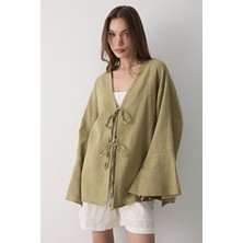 Jaste Kadın Yarasa Kol Çift Bağlamalı Kimono %100 Pamuk HAKİ