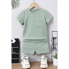Waffle Görselli Cep Detaylı Pamuklu Yazlık Bebek Çocuk Şort Takım-Açık Yeşil