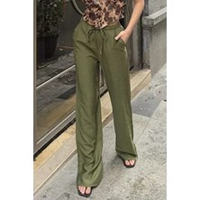 Haki Keten Karışımlı Bol Kesim Pantolon